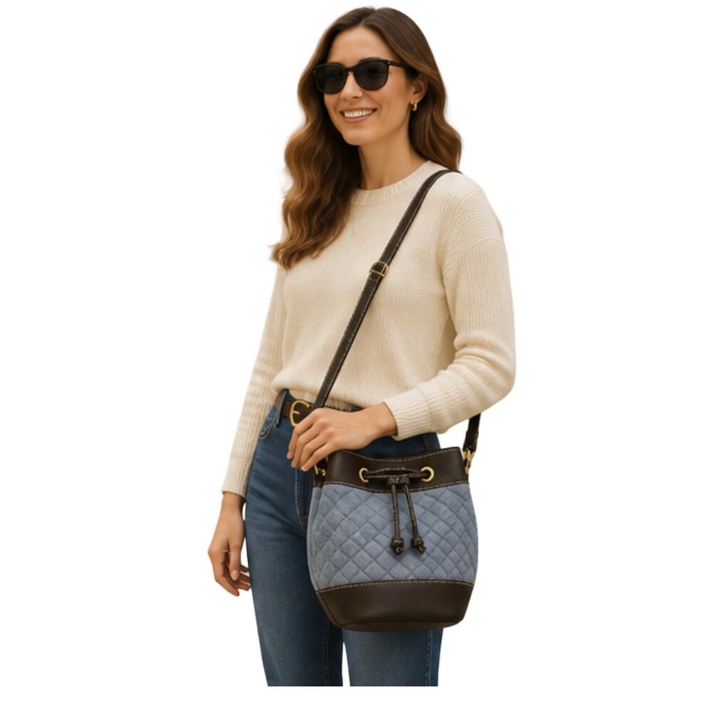 Talbots Purse Blue Quilted Bucket Bag Brown Leather Trim Crossbody Drawstring